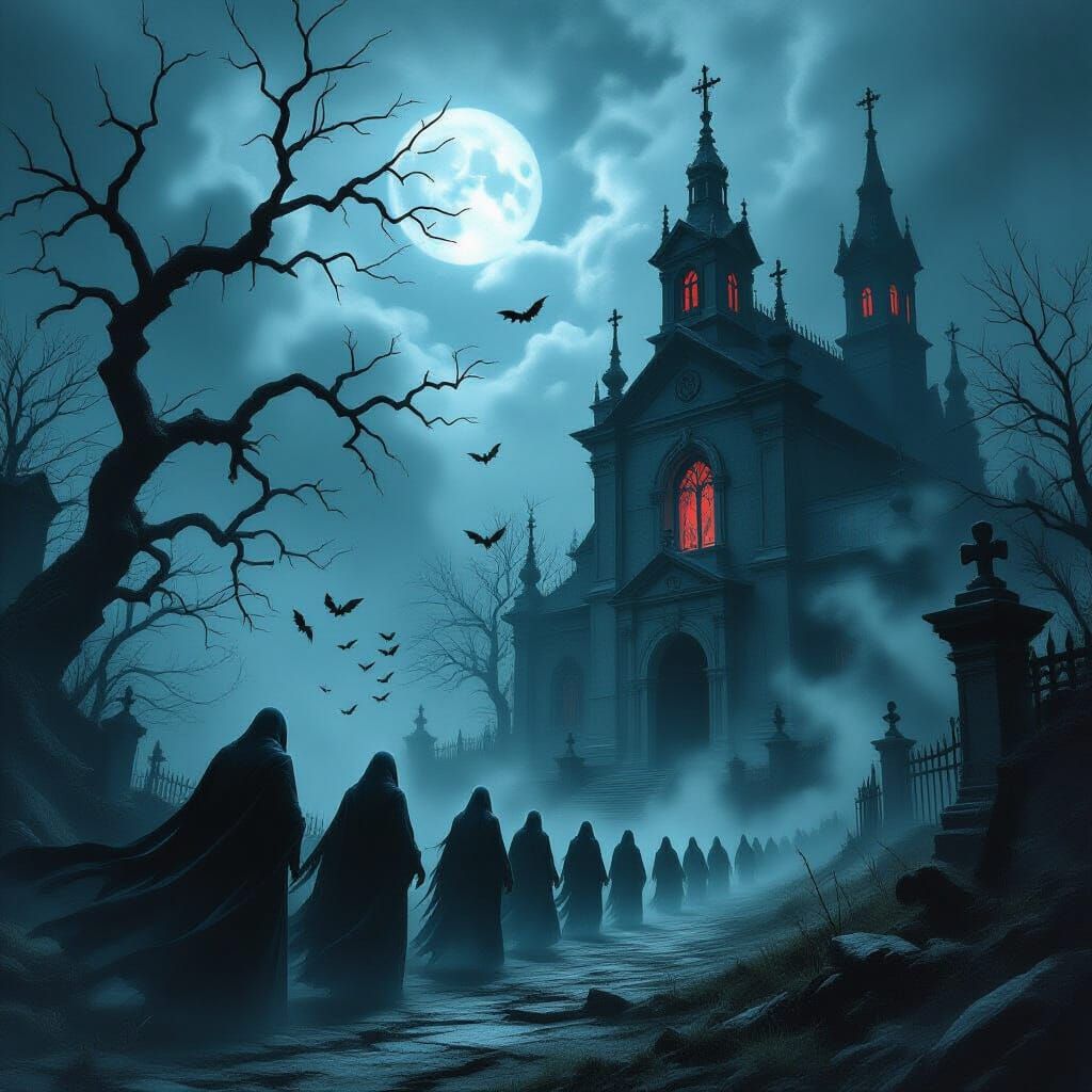 Ethereal Spirits Haunt Gothic Mausoleum in Foggy Graveyard