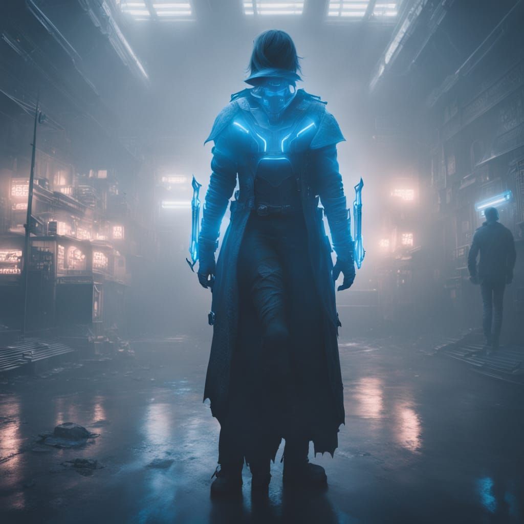 Ethereal Goth Goddess in Neon Blue Haze