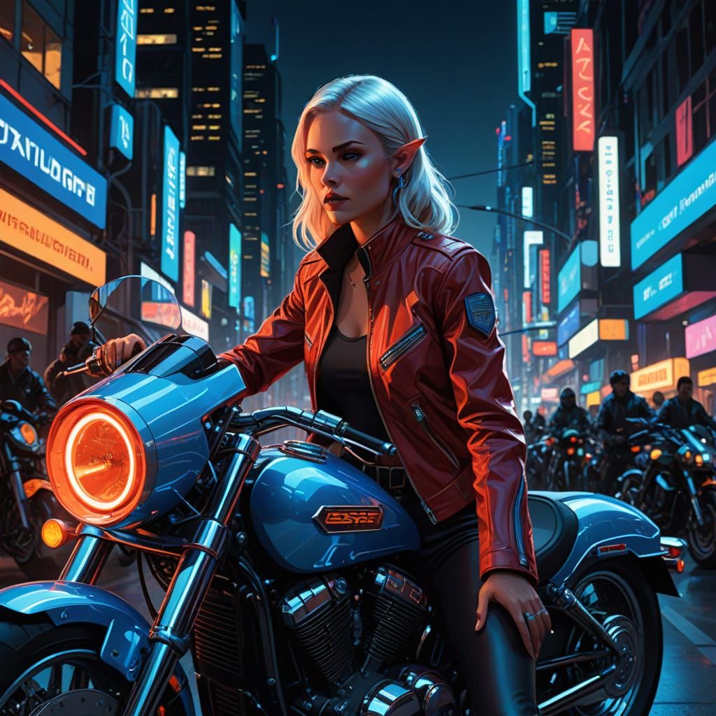 Futuristic Elf Biker in Vibrant Digital Art