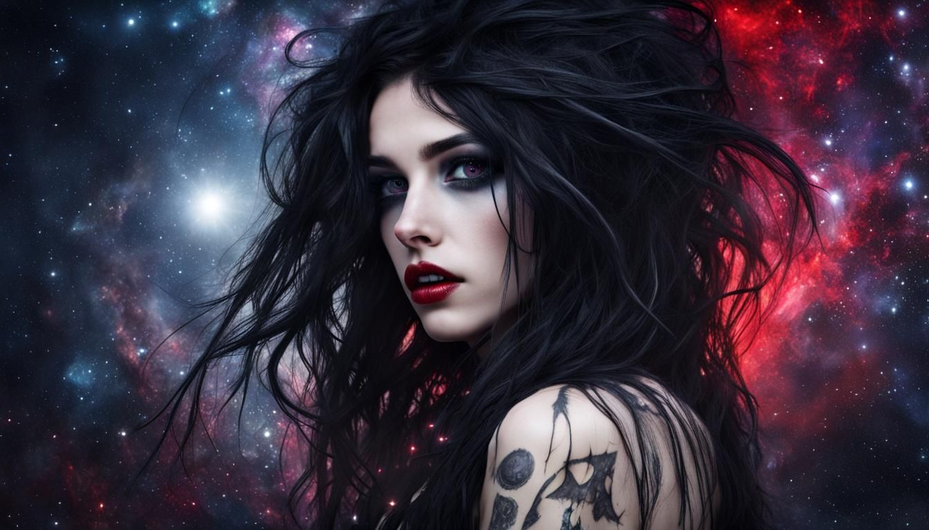 Enchanting Cosmic Gothpunk Girl with Red Eyes