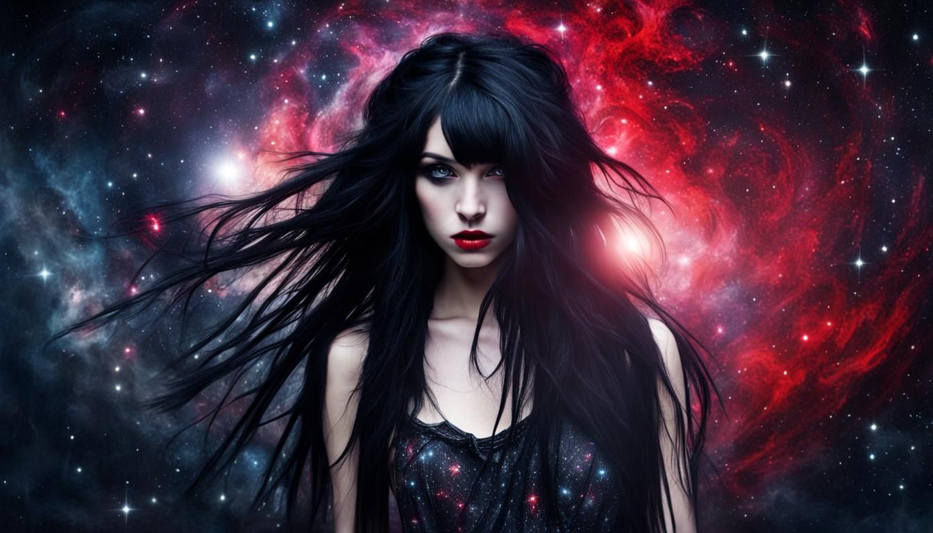 Enchanting Cosmic Gothpunk Girl with Red Eyes