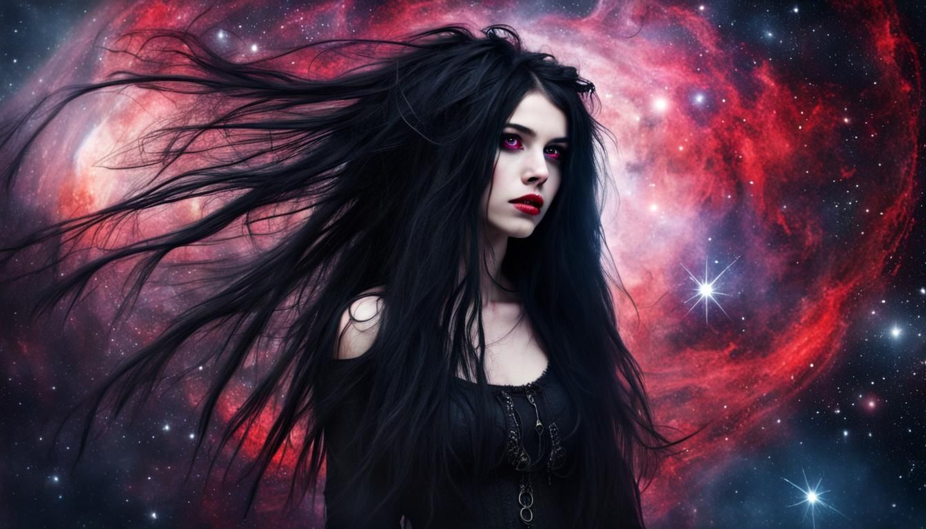 Enchanting Cosmic Gothpunk Girl with Red Eyes