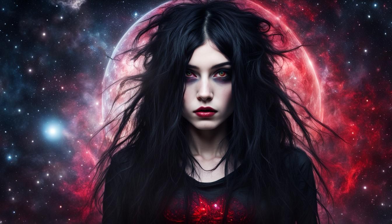 Cosmic Gothpunk Girl with Red Eyes