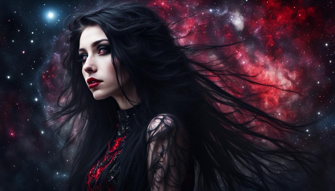 Enchanting Cosmic Gothpunk Girl with Red Eyes