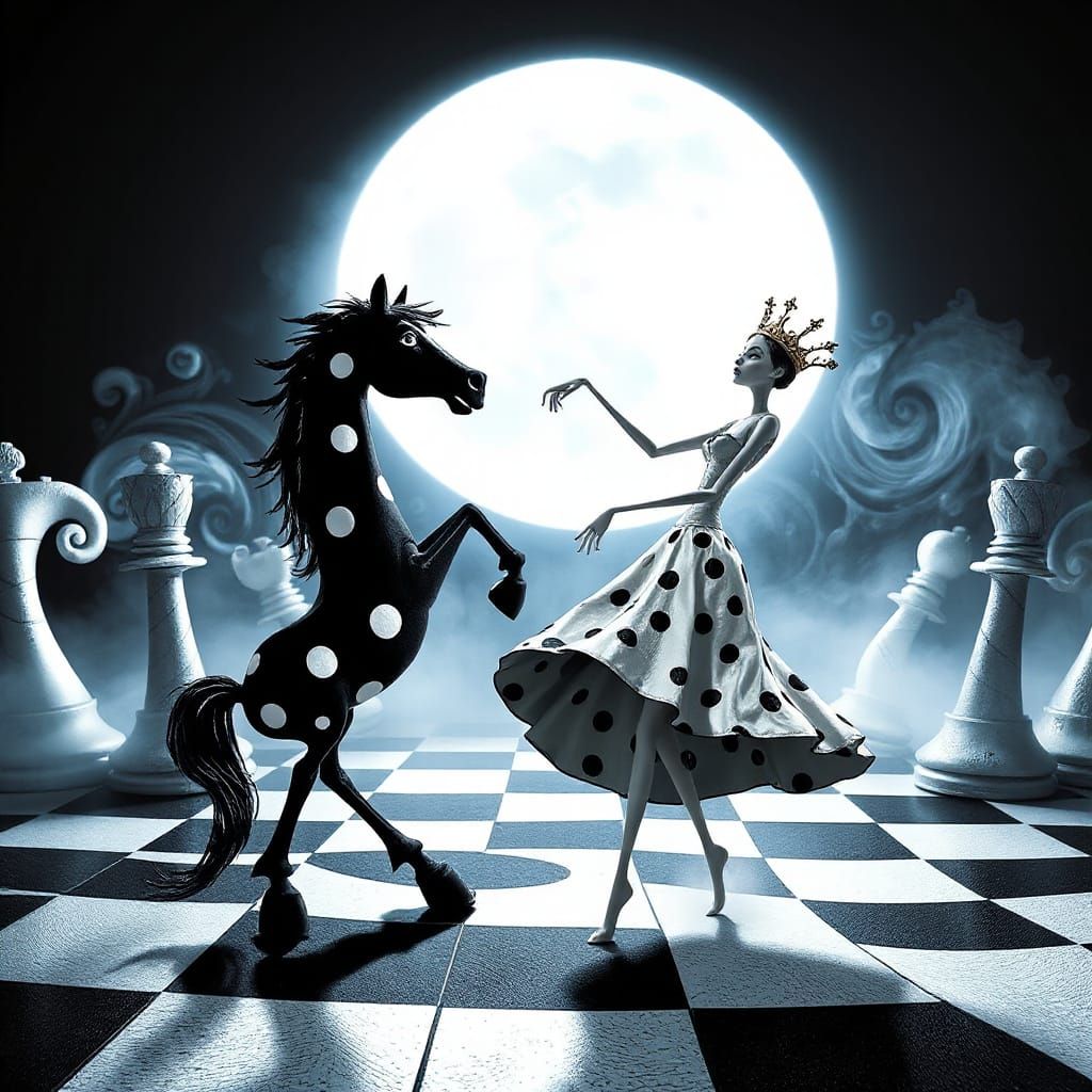 Chess Dance: A Seuss-Burton Fusion in Moonlight