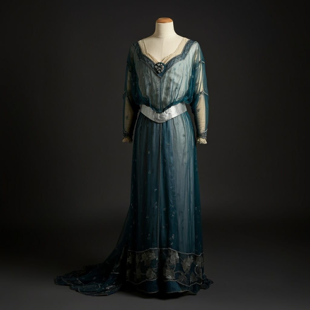 Edwardian Luxury: Opulent 1912 Dress on Wooden Dress Form