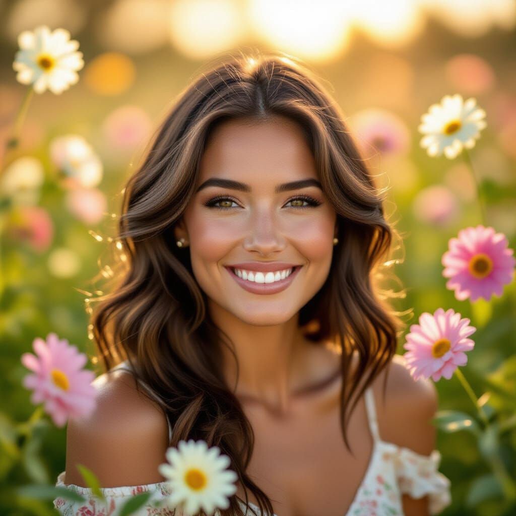 Smiling Woman Surrounded by Flowers in Vibrant Portrait
