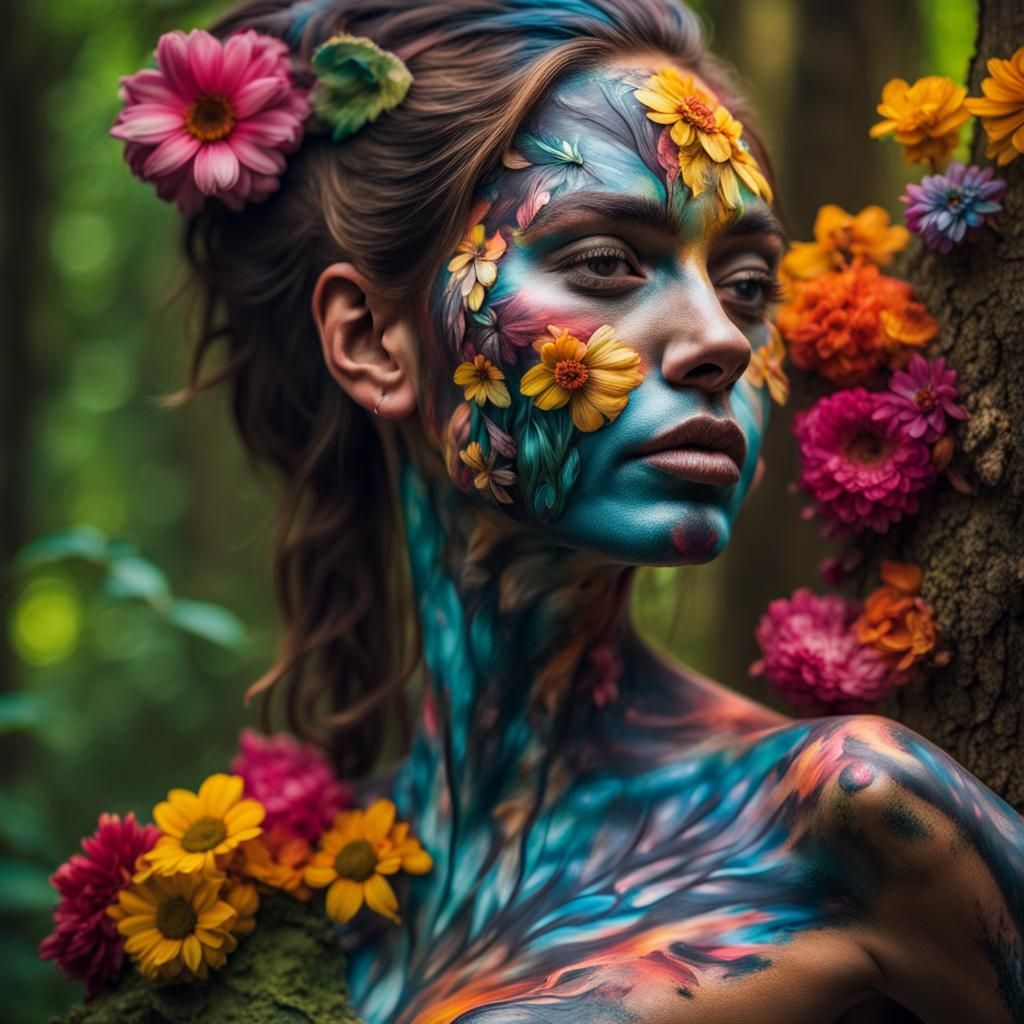 Hyperrealistic Flowery Bodypainting in Forest