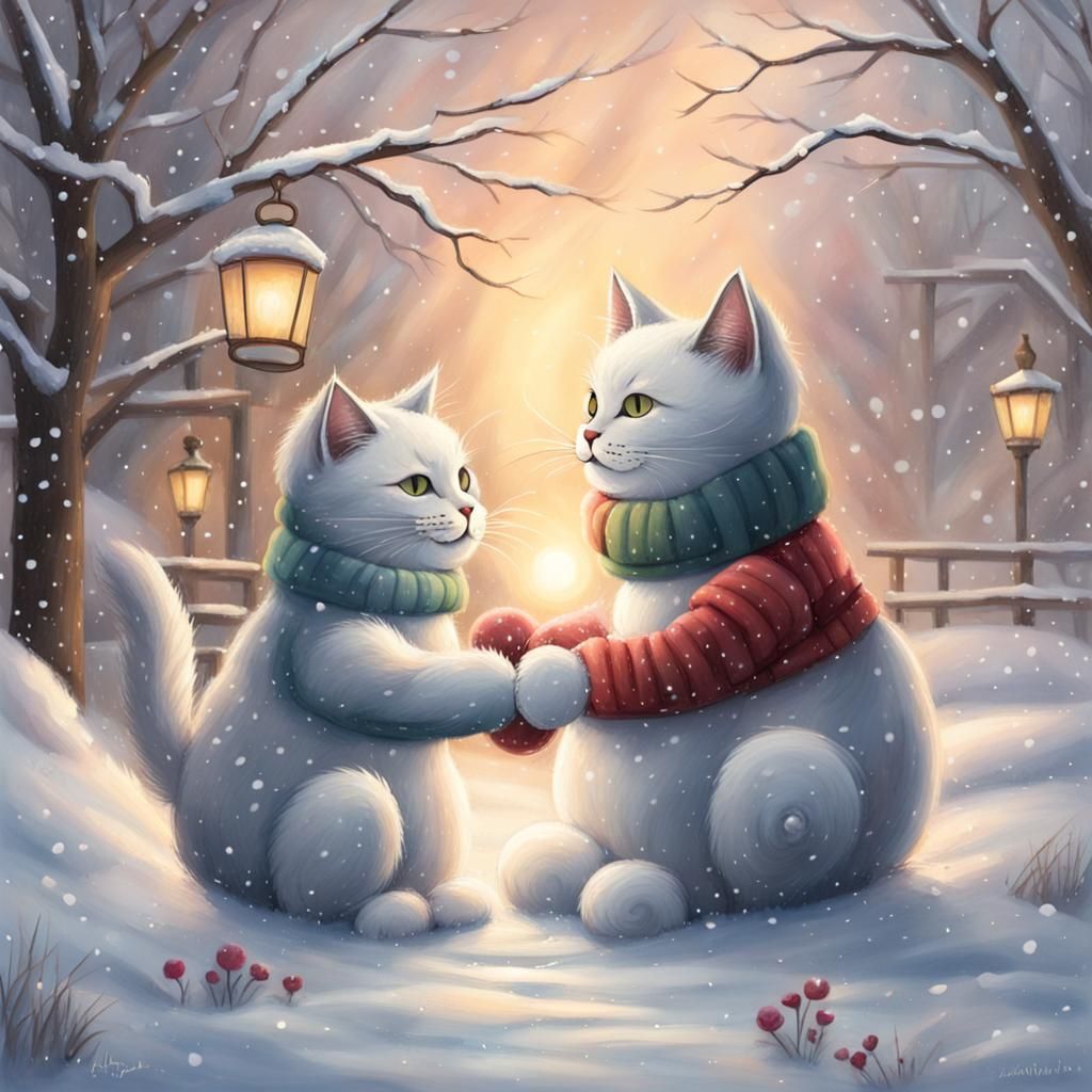 Cats Build Snowcat in Snowy Winter Scene