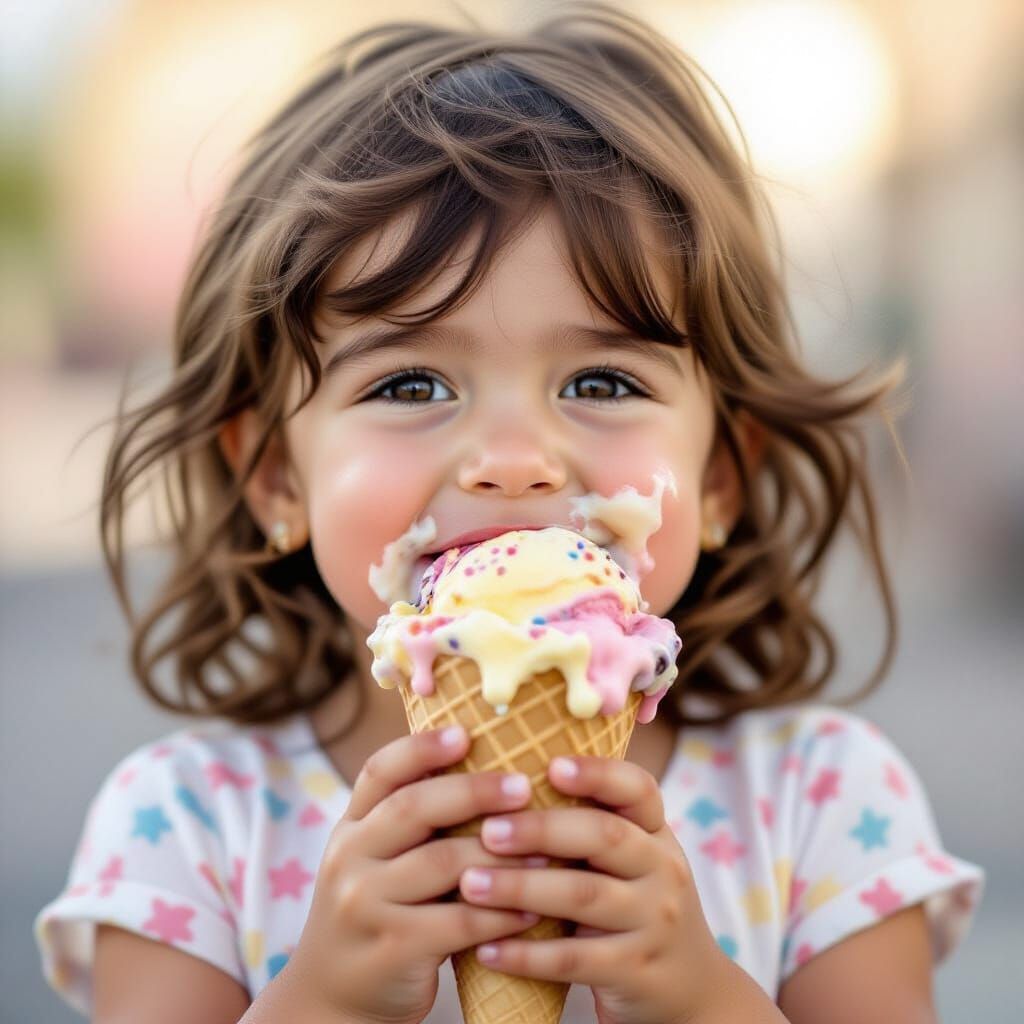 Little Girl with Melting Multi-Flavored Ice Cream