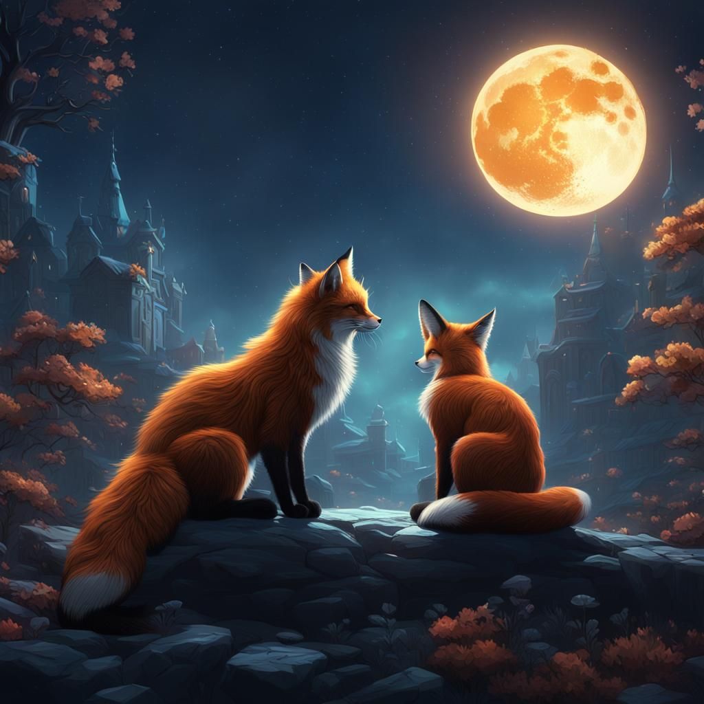 Moonlit Cat and Fox: Detailed Fantasy Art