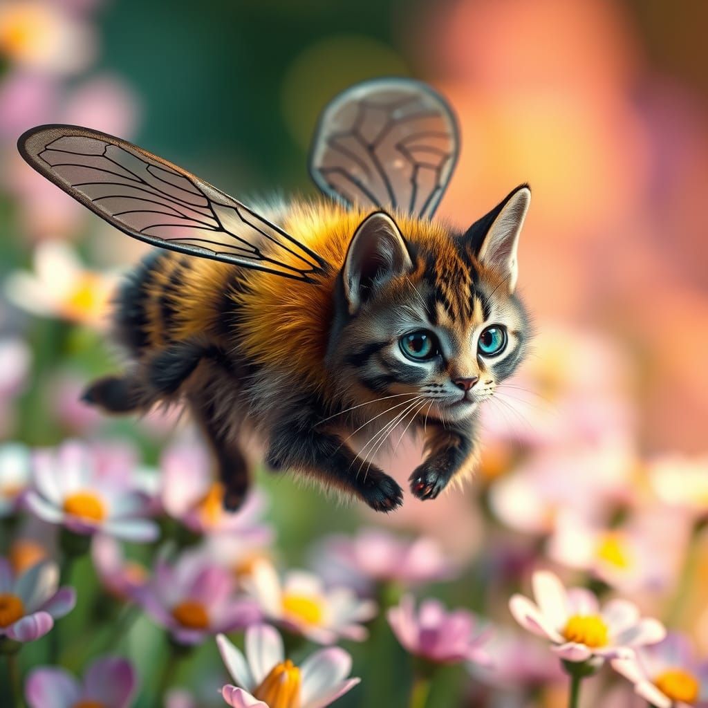 Whimsical Cat-Bumblebee Hybrid in Vibrant Blooming Meadow