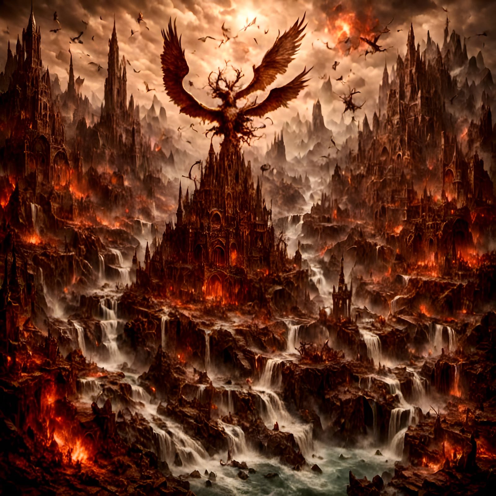 Epic War of Gods in Macabre Pyrography Style