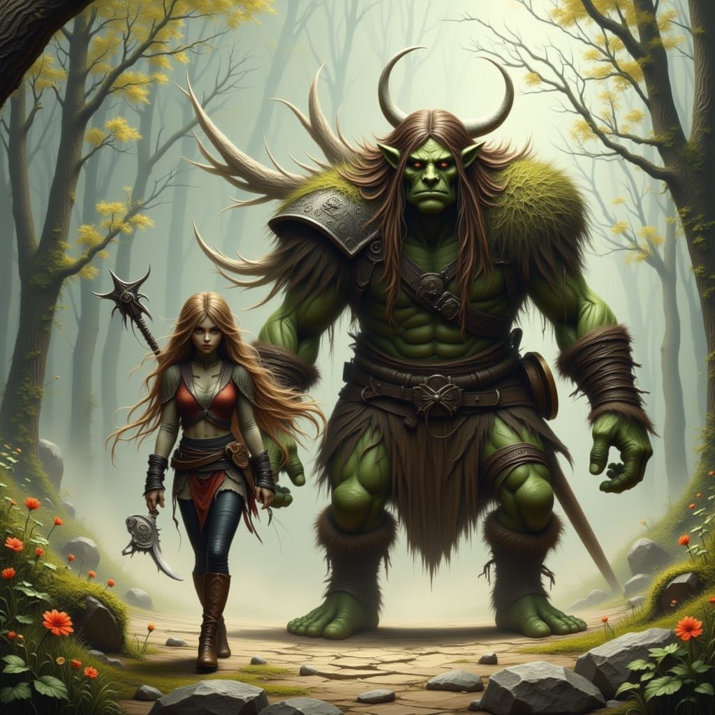 Elven Warrior and Orc Friend in Bohemian Style