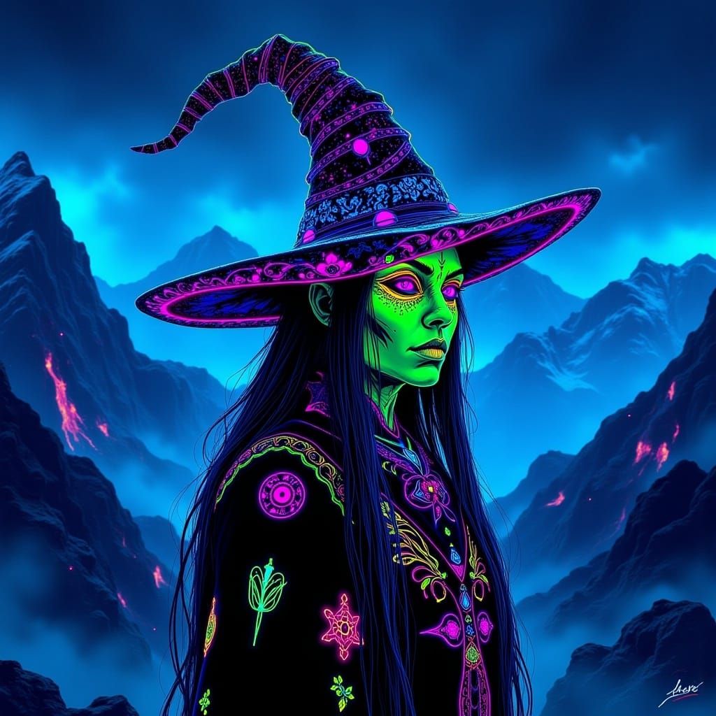 Neon Witch in Biomechanical Fantasy Landscape