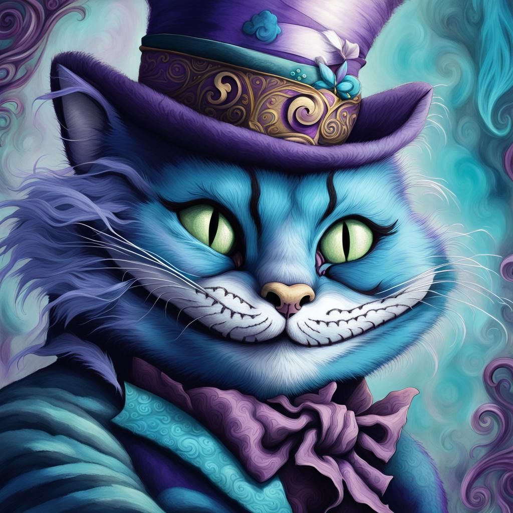 Cheshire Cat and Mad Hatter in Whimsical Illustration
