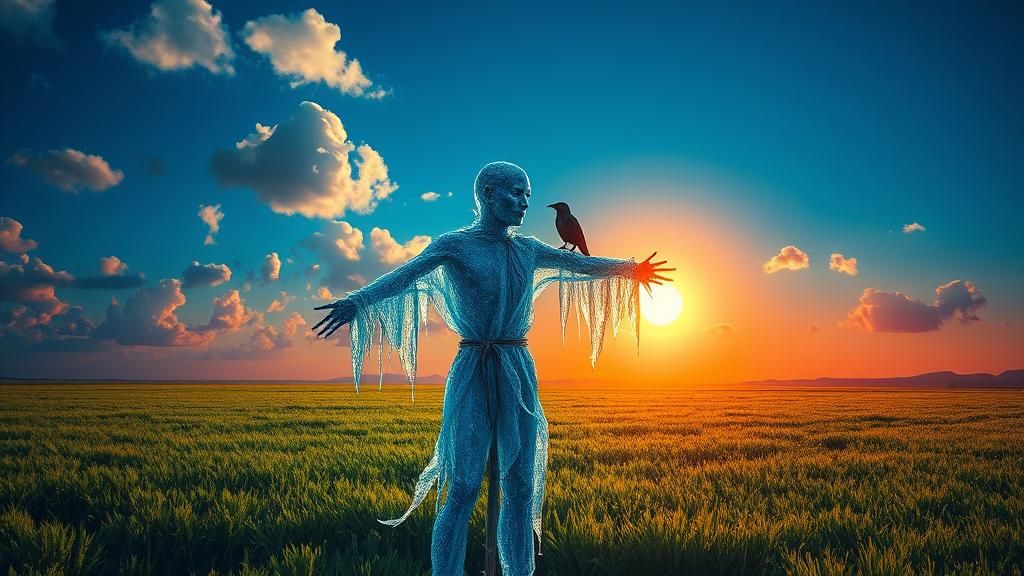 Icy Scarecrow and Fire Crow in Surreal Field