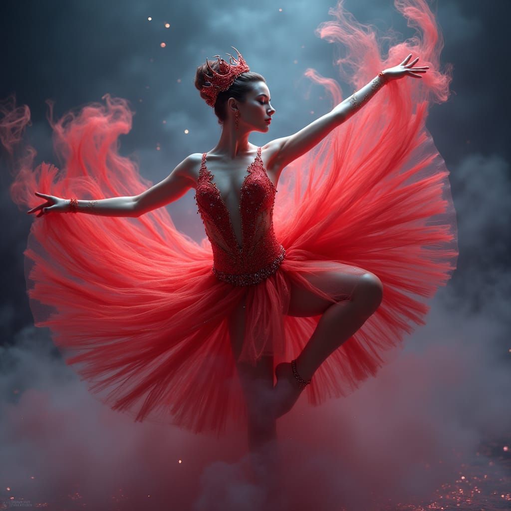 Red Ballet Dancer in Ethereal Mist, Matte Painting