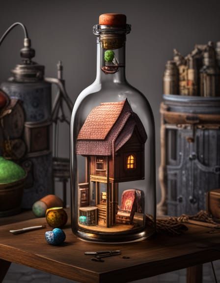 Intricate Horror Puppet House in Glass Bottle