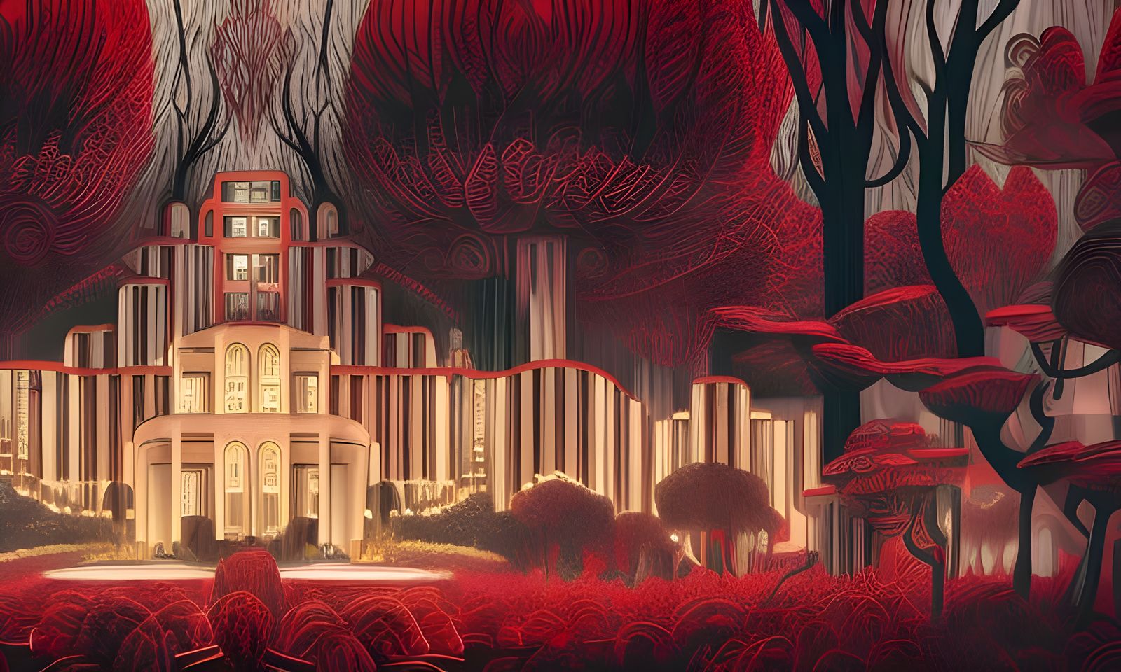 Playing Card House in Lush Forest, Hyperrealistic Art Deco