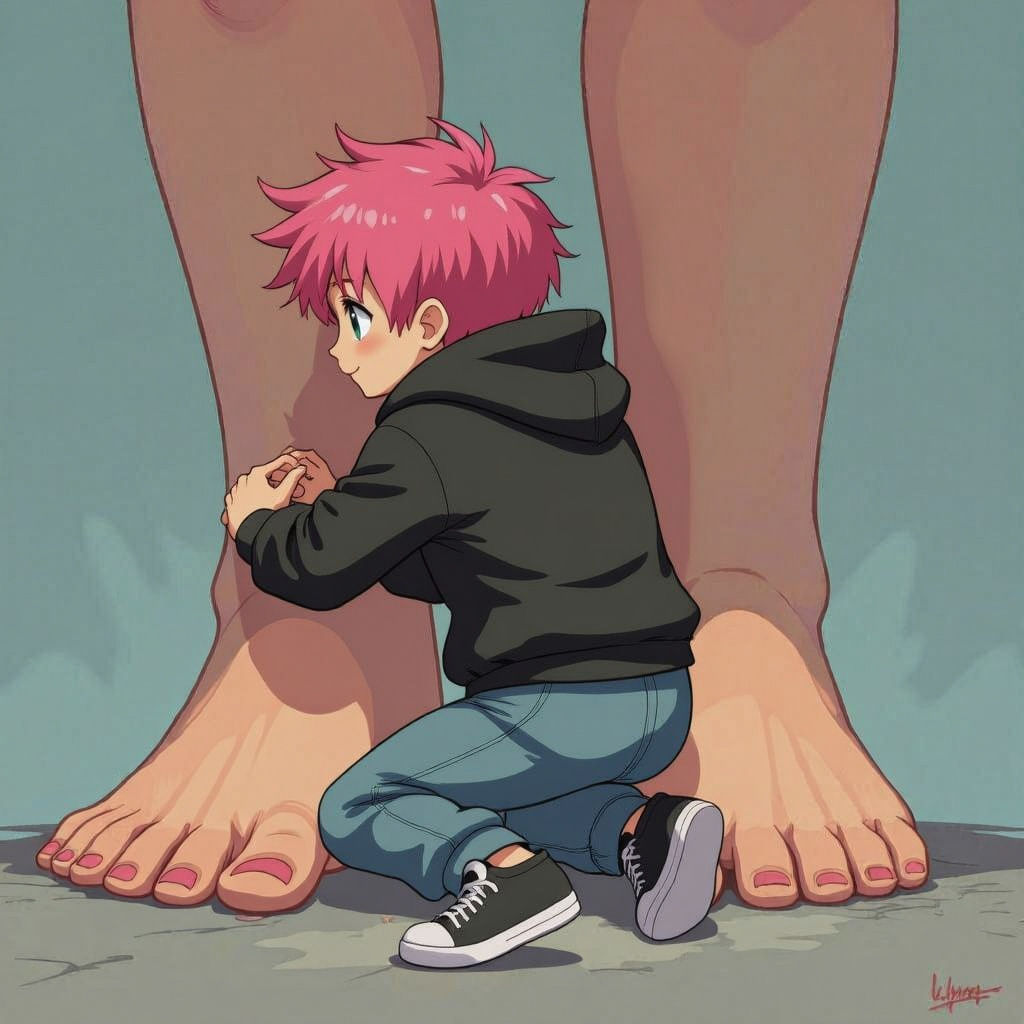 Giantess Bare Foot About to Crush Tiny Pink-Haired Boy