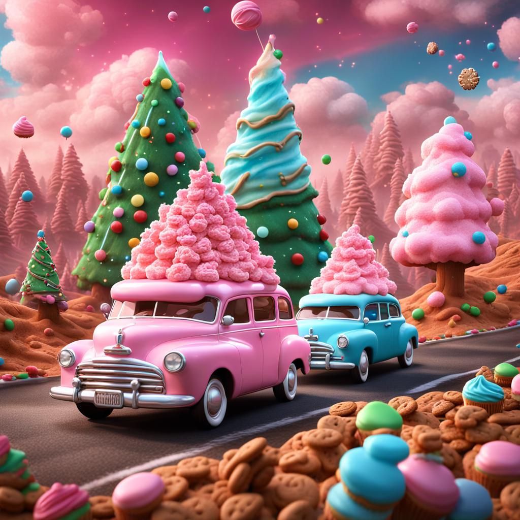 Sweet Candy Land with Cookie Car, Digital Art