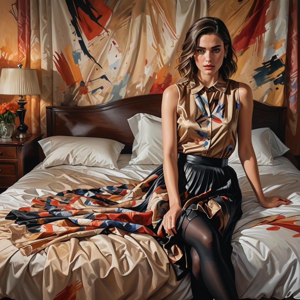 Young Woman in Bed, Hyper-Realistic Splash Art