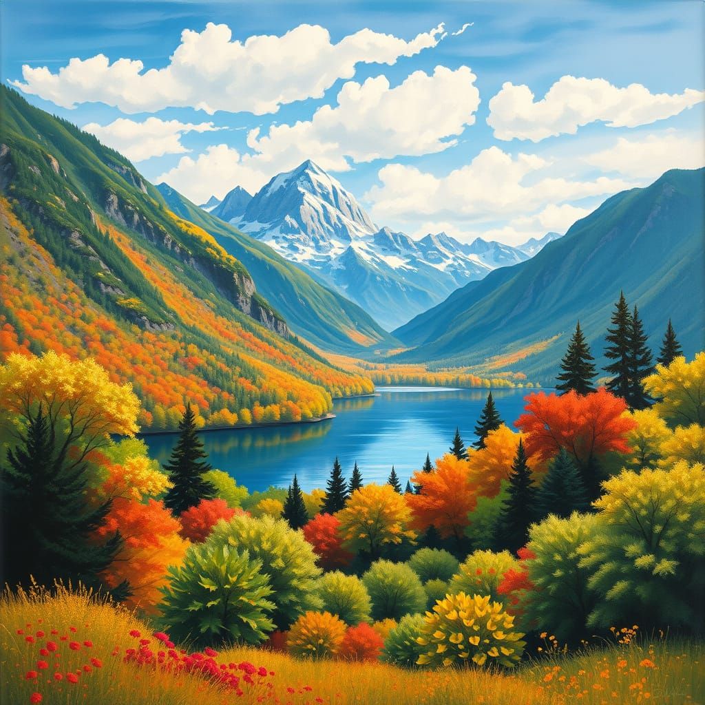 Lush Landscape in Gouache Style with Thick Brushstrokes