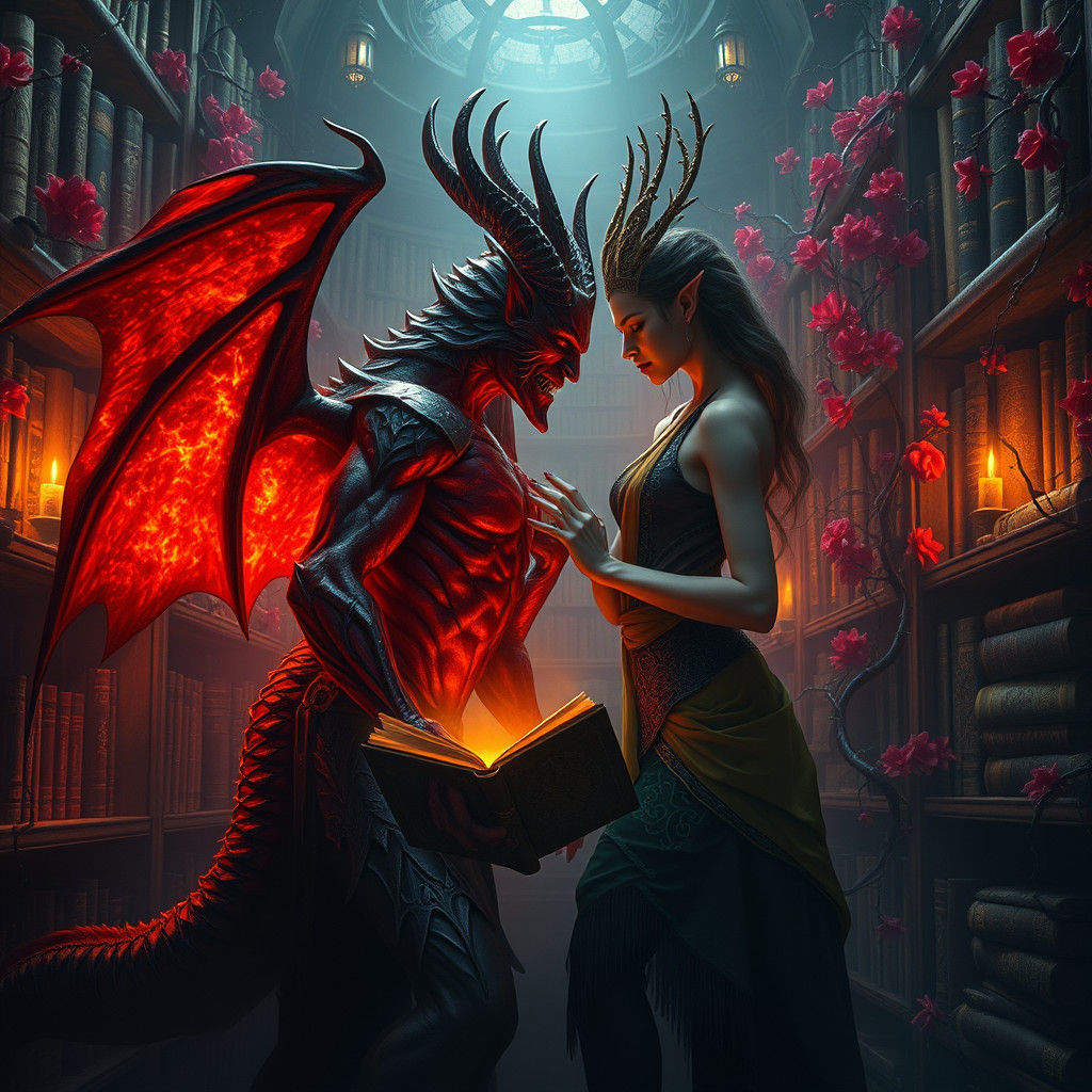 Demon and Dark Elf in Arcane Library