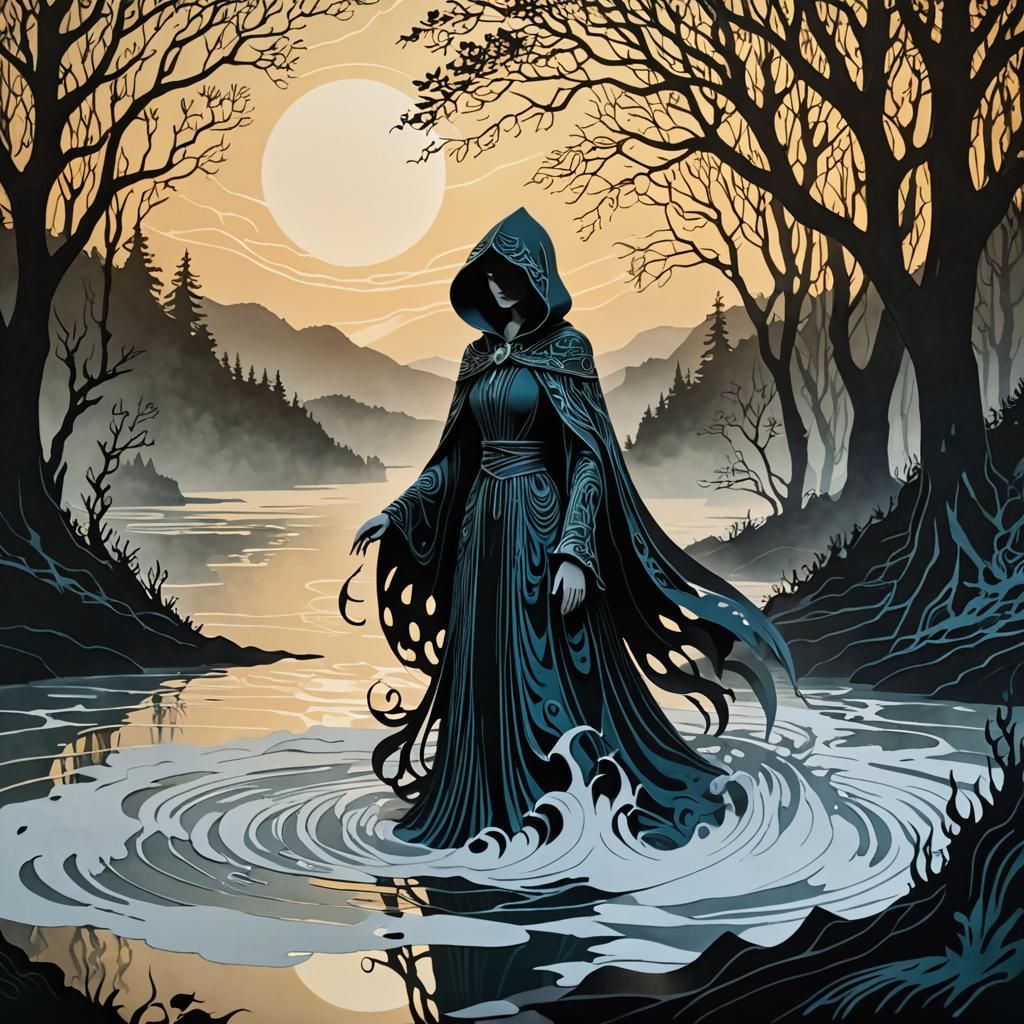 Sorceress at Turbulent Lake in Stacked Papercut Art