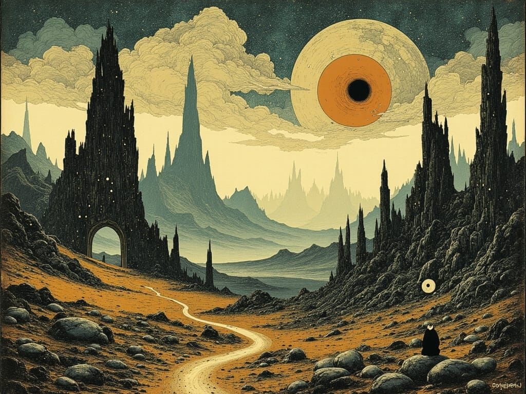 Surreal Landscape with Biomechanical Elements in a Dreamlike...