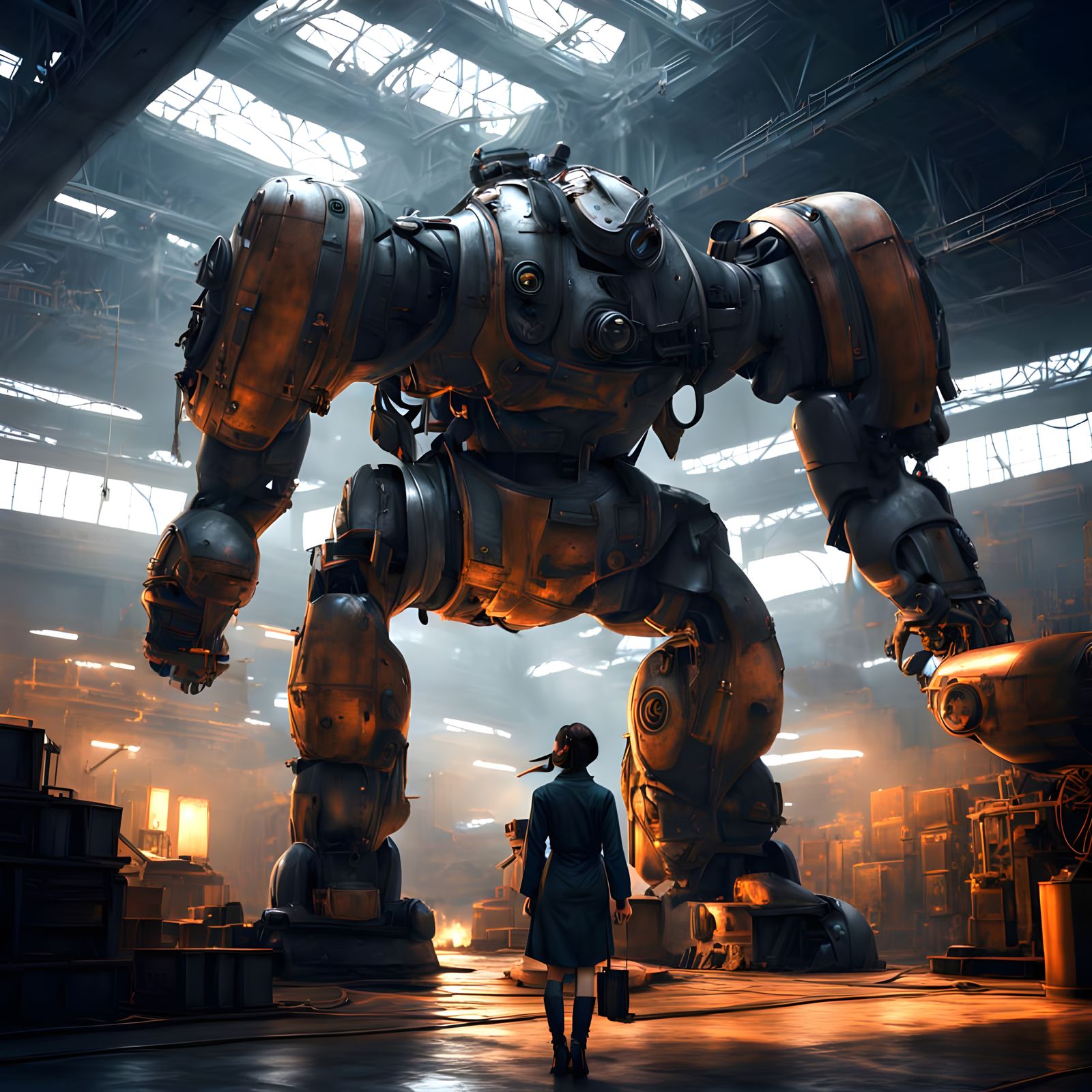 Dieselpunk art. A female mechanic, a giant robot in a sprawling industrial hangar.