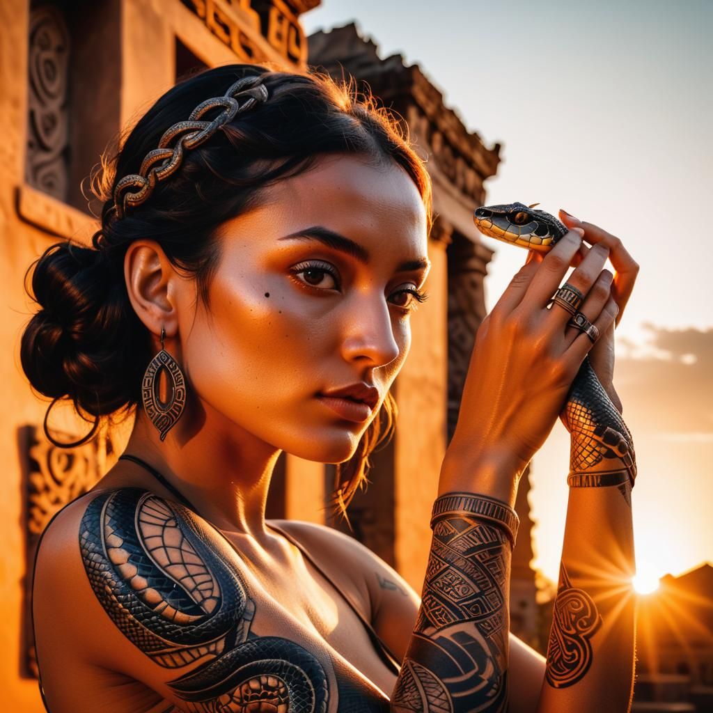 Surreal Snake Tattoo in Golden Hour Light