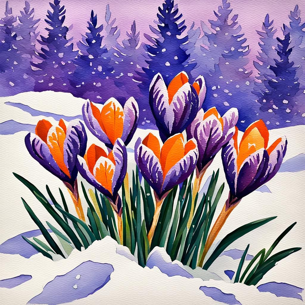 Mauve Crocus Cluster in Snow, Gouache Style