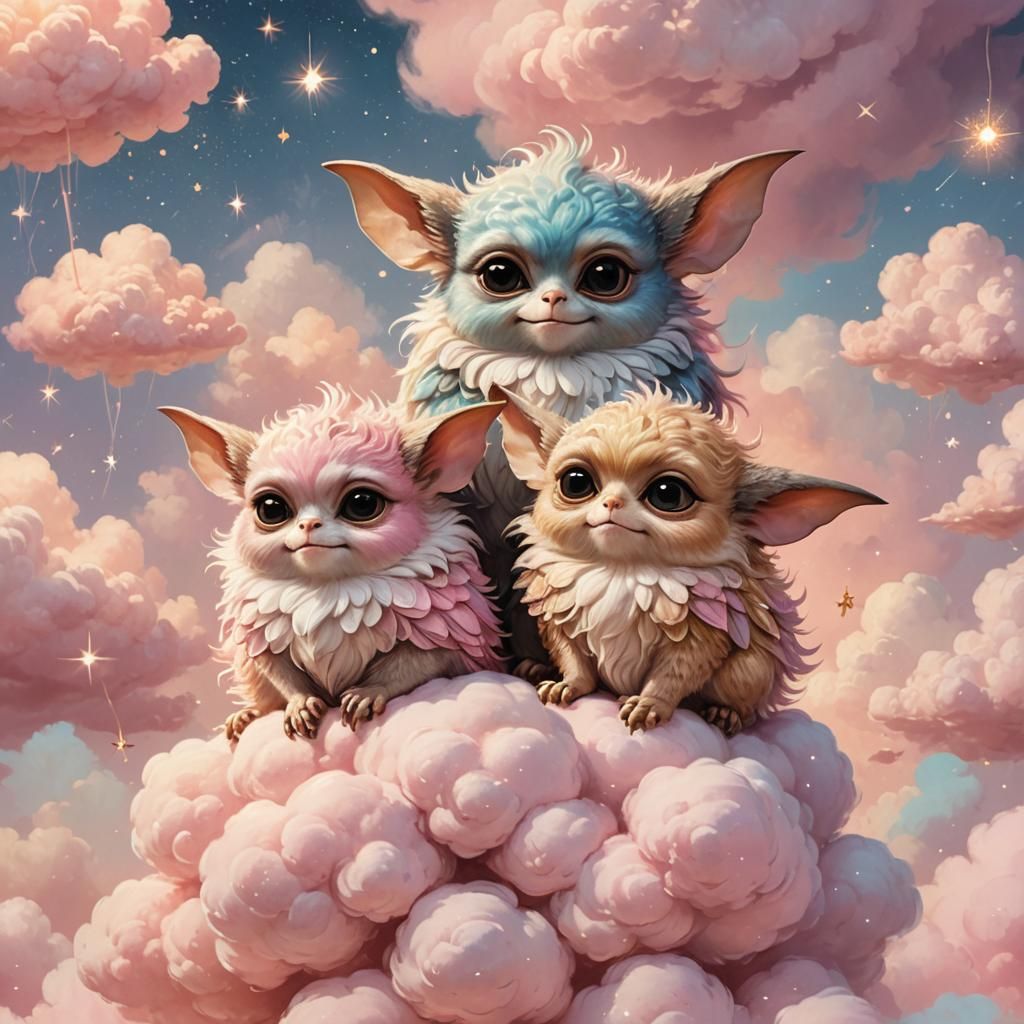 Cute Gremlins on Pink Cloud in Whimsical Illustration