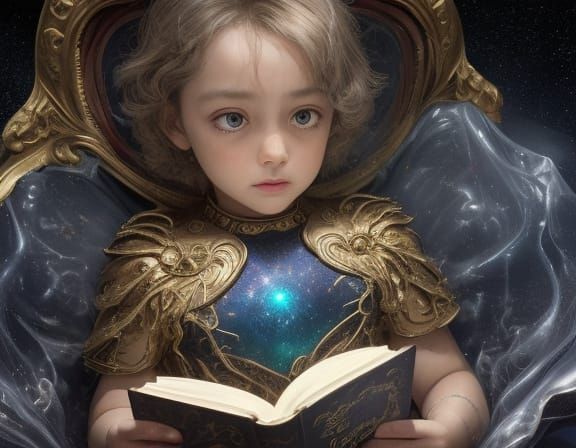 Surreal Boy Reading on Stardust in Cosmic Galaxy