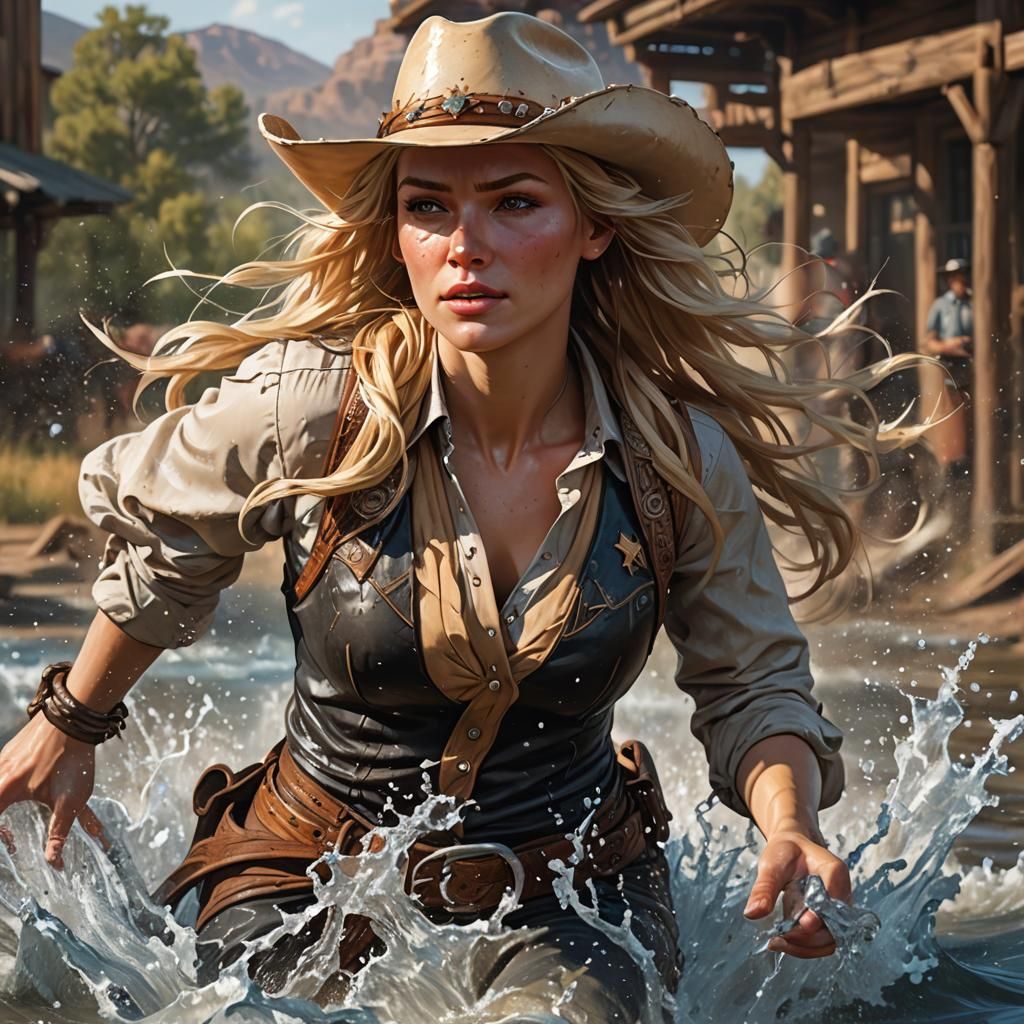 Blonde Cowgirl Runs Through Water, Hyperdetailed Portrait