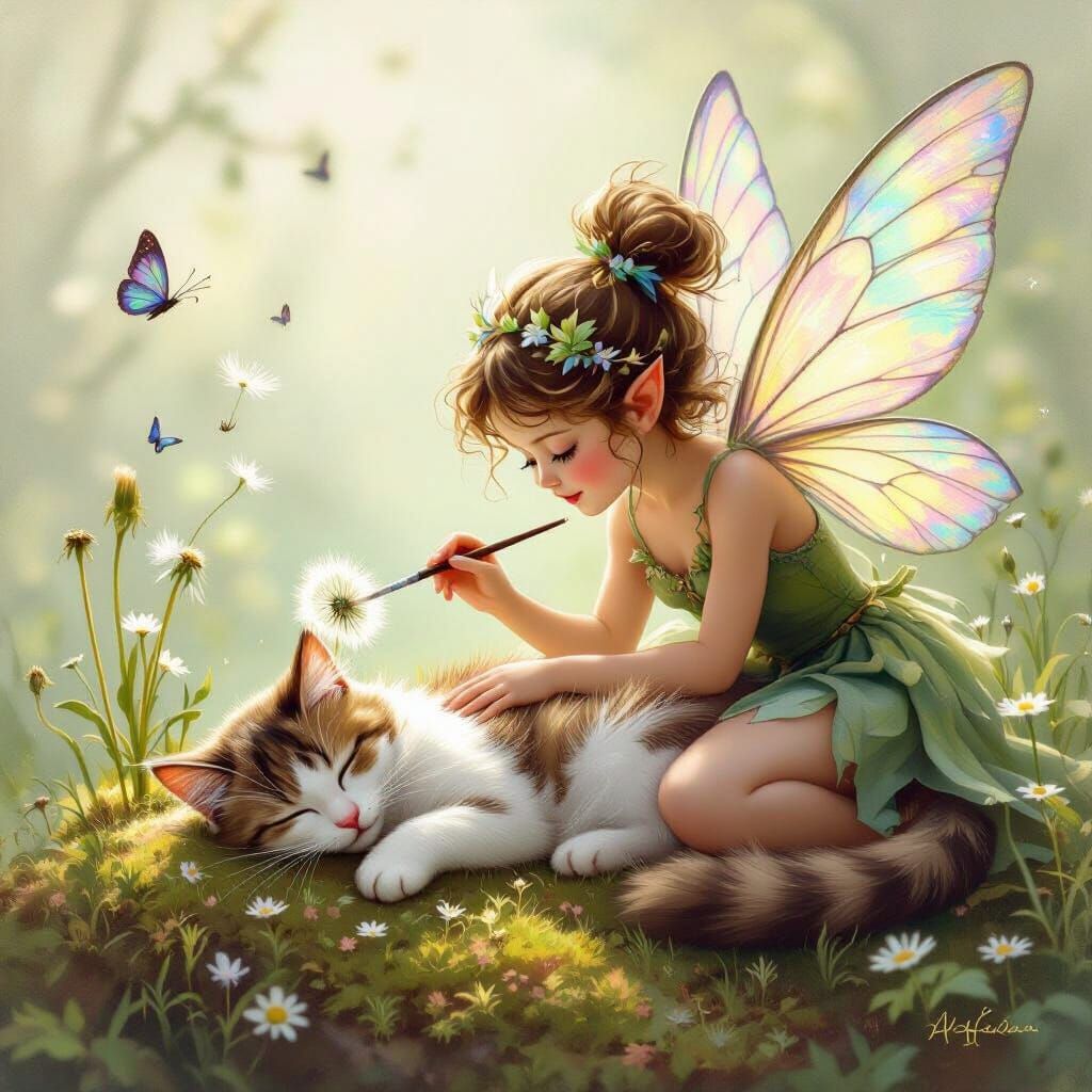 Fairy Paints Sleeping Cat Portrait with Dandelion Brush