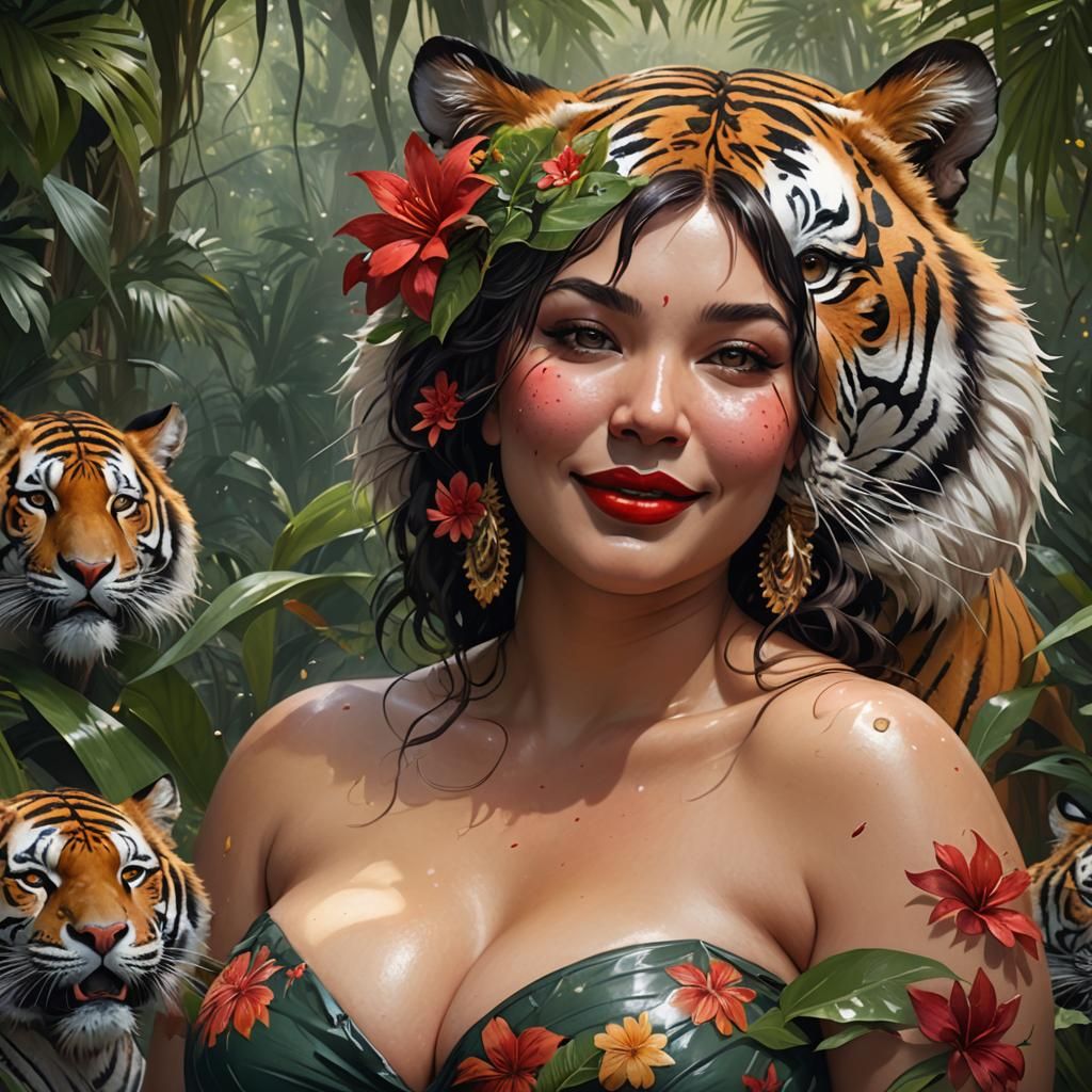 Curvy Woman in Jungle Shower, Digital Art