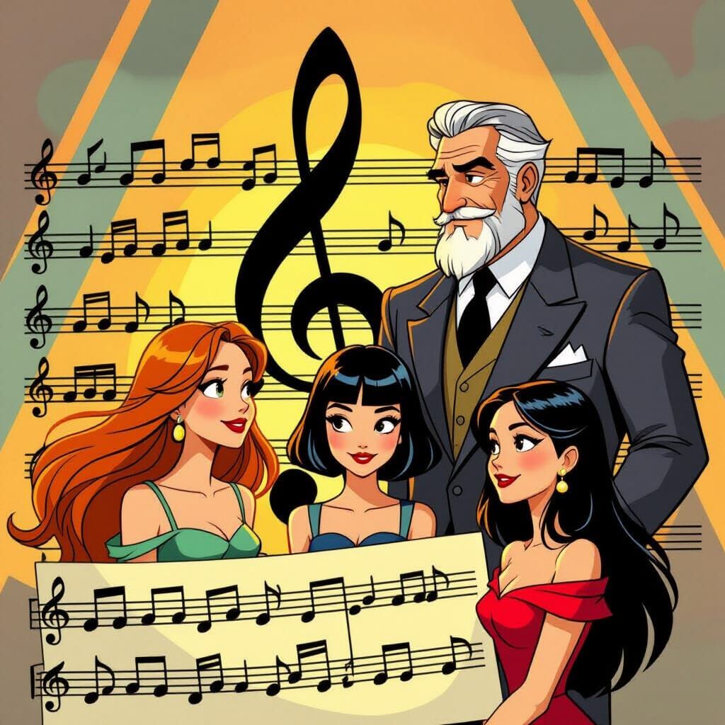 Musical Notes and Diverse Girls in Storybook Style