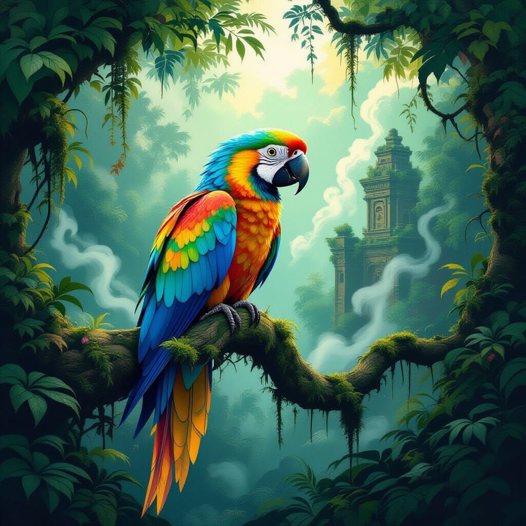 Glowing Parrot in Ethereal Jungle with Art Nouveau Style