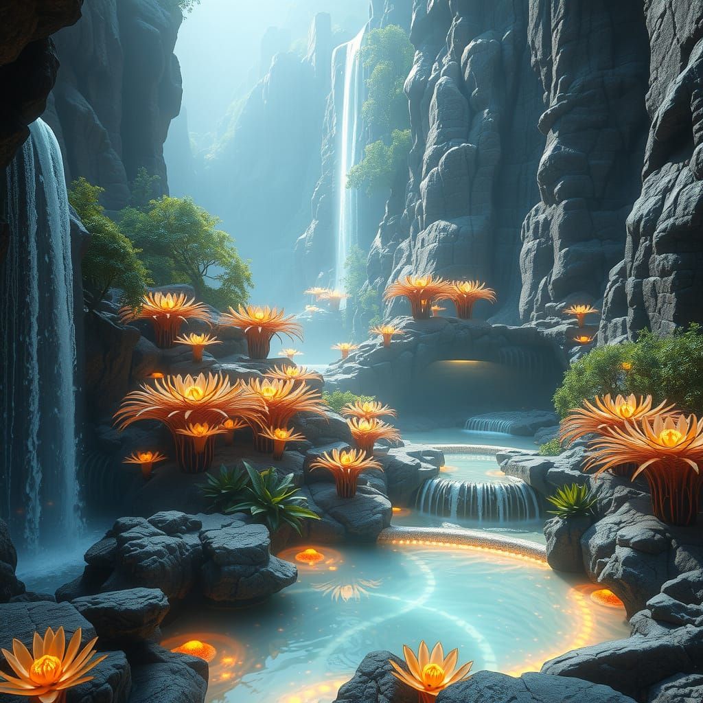 Ethereal Oasis on Alien Planet, with Bioluminescent Waterfal...