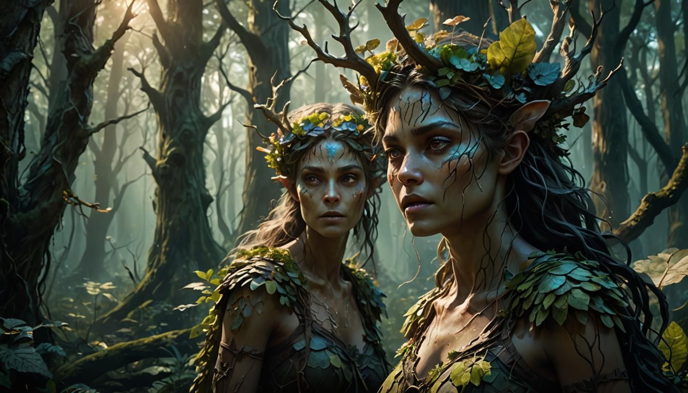 Mystical Dryad Army in Dark Forest, Hyperrealistic Concept A...