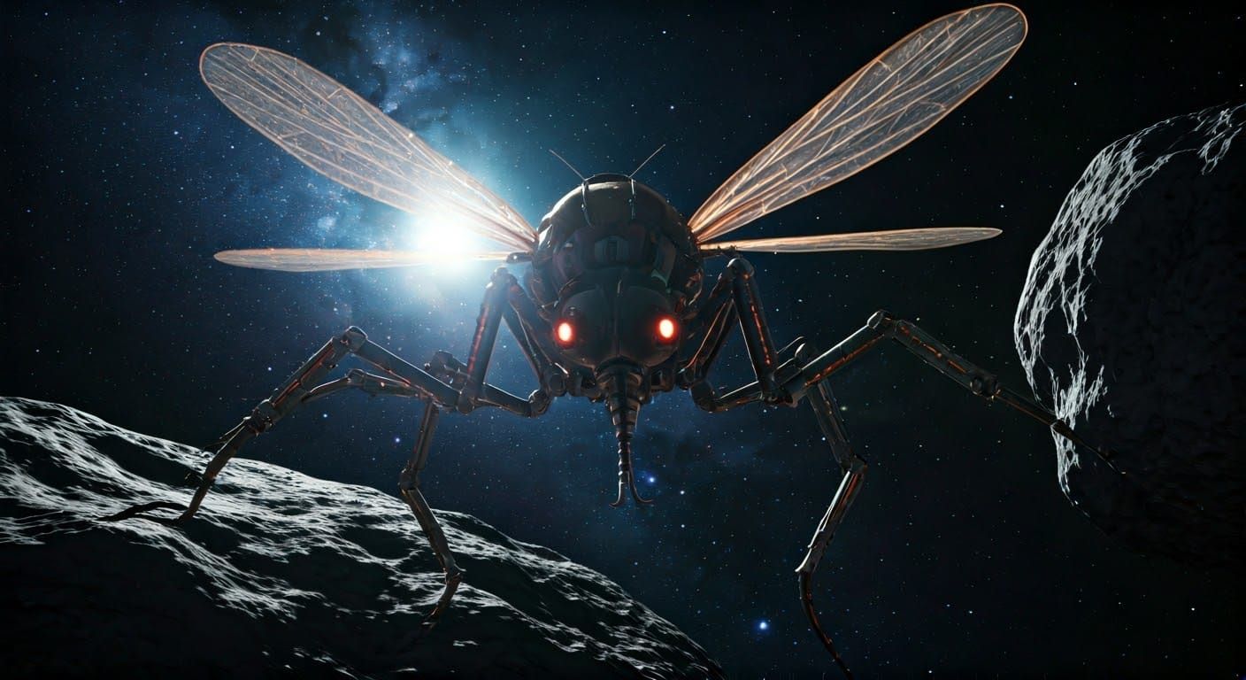 Robotic Mosquito Spaceship in Hyperealistic Outer Space