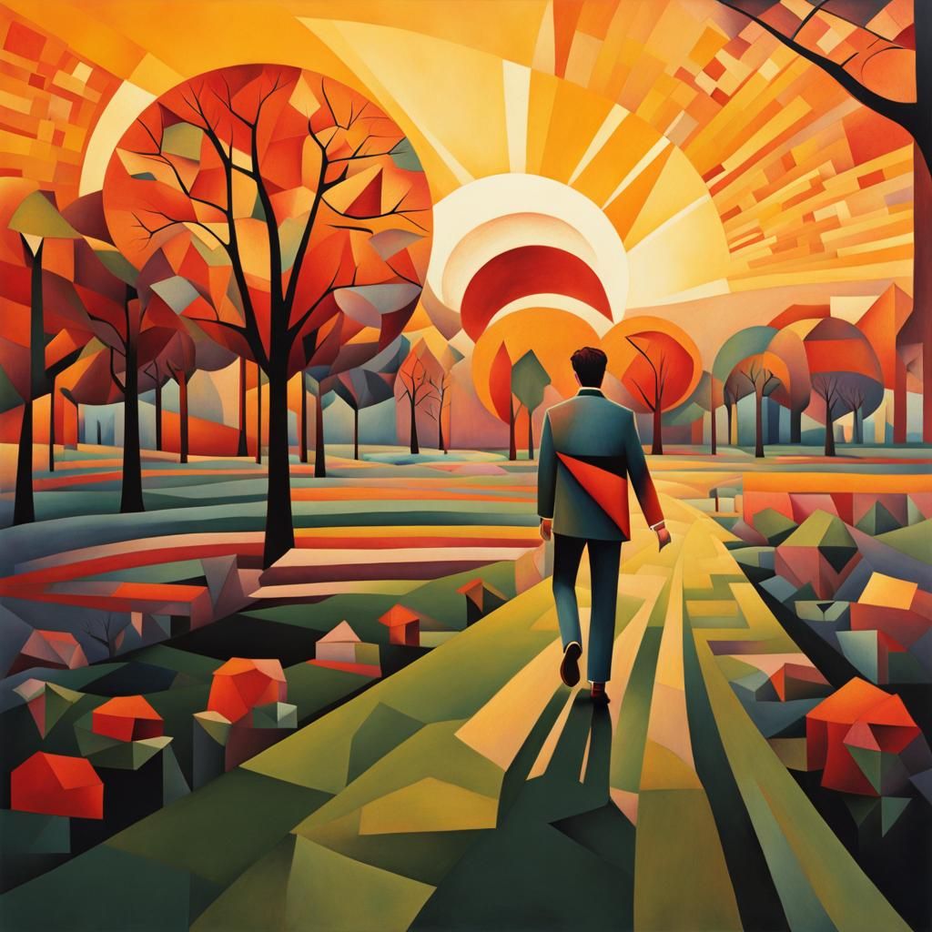 Man's Struggle: Cubist Painting of Sunset Park Scene