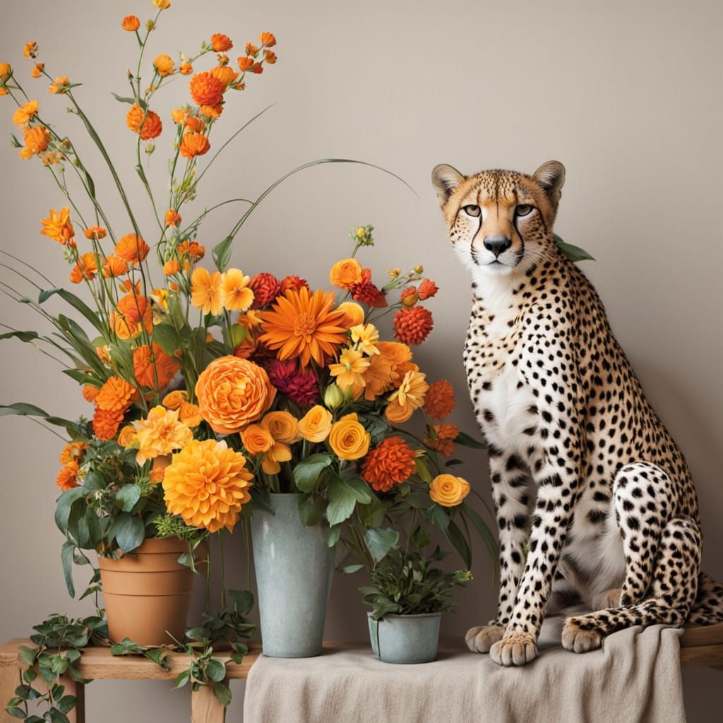 Cozy Cheetah Relaxing Indoors with Flowers