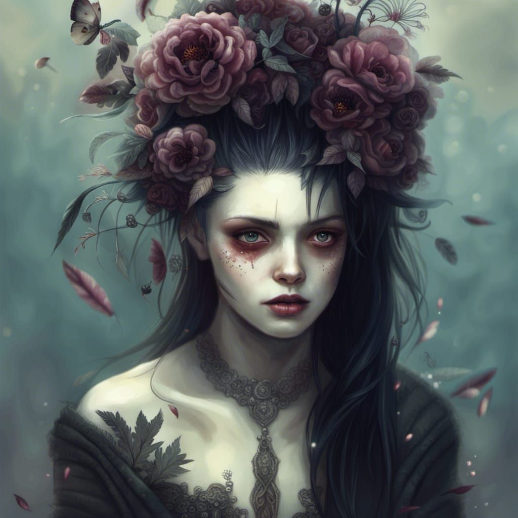 Gothic Beauty with Flowers: A Digital Illustration