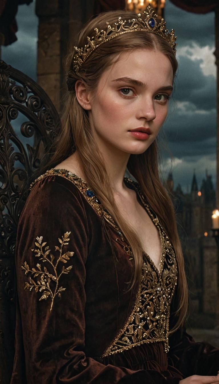 Young Princess in Medieval Throne Room with Stormy Sky