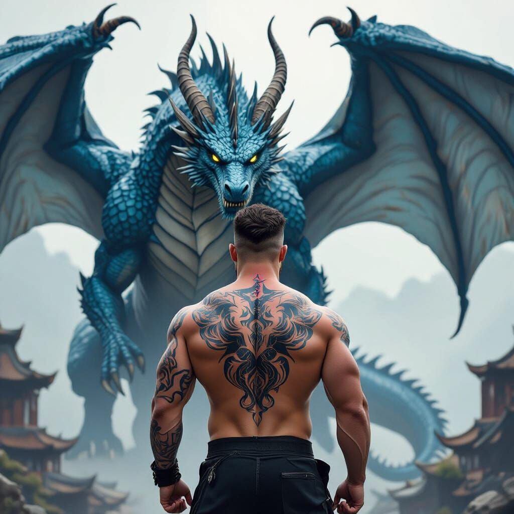 Man Faces Towering Blue Dragon in Moody Fantasy Landscape