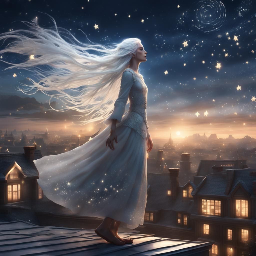 Fantasy Fairy on Roof with Twinkling Stars